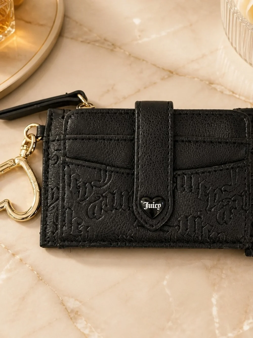 Juicy Couture Black Embossed Card Holder with Gold Heart Key Charm